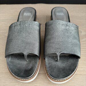 EILEEN FISHER Womens Touch Silver Metallic Leather Platform Sandal 10 Slides